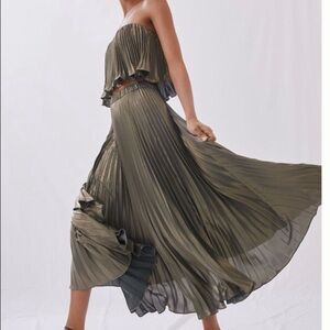 Anthropologie Green Pleated Metallic Skirt Set